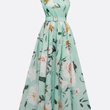 Julie | hellgrünes Blumenmuster-Chiffon-Maxikleid mit Ein-Schulter-Design