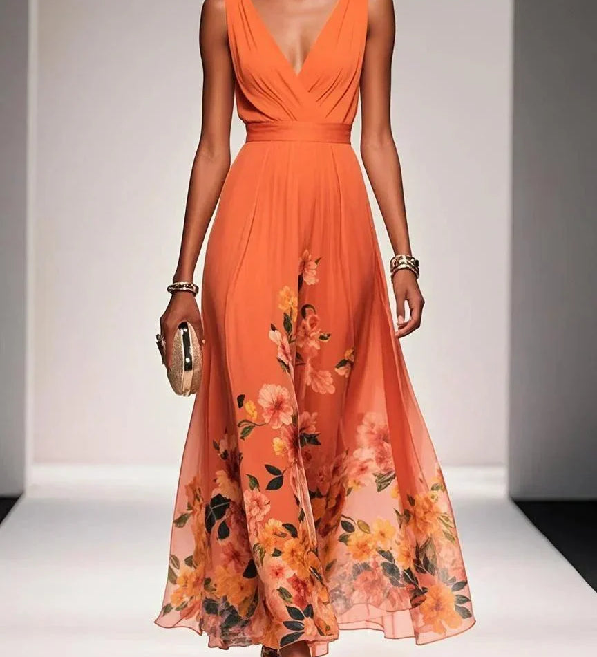 Rose | Hellblaues Blumenmuster-Chiffon-V-Ausschnitt-Maxikleid
