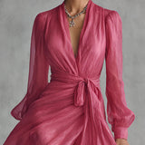 Beatrice | Elegantes Chiffon-V-Ausschnitt-Langkleid mit Taillengürtel