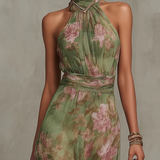 Florence | Grünes florales Chiffon-Halter-Maxikleid