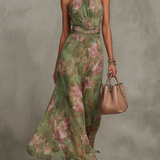Florence | Grünes florales Chiffon-Halter-Maxikleid