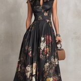 Patricia | Schwarzes Satin-Falten-Midikleid mit Blumenmuster