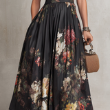Patricia | Schwarzes Satin-Falten-Midikleid mit Blumenmuster