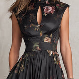 Patricia | Schwarzes Satin-Falten-Midikleid mit Blumenmuster