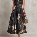 Patricia | Schwarzes Satin-Falten-Midikleid mit Blumenmuster