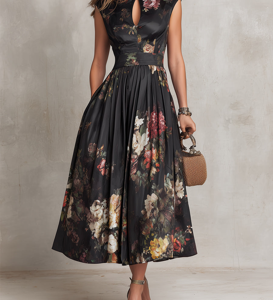 Patricia | Schwarzes Satin-Falten-Midikleid mit Blumenmuster