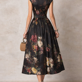Patricia | Schwarzes Satin-Falten-Midikleid mit Blumenmuster