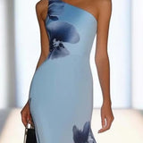 Sommerfeld | Satin-Tintenprint Schulterfreies Maxikleid