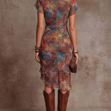 Judy | Boho-Abstrakt V-Ausschnitt Plissiertes Midikleid