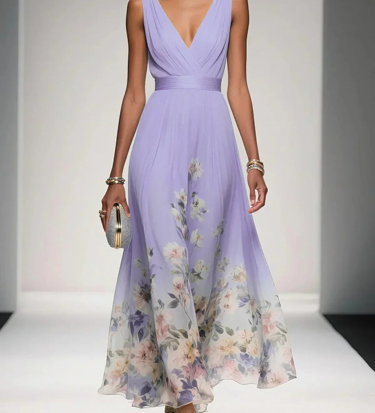 Rose | Hellblaues Blumenmuster-Chiffon-V-Ausschnitt-Maxikleid