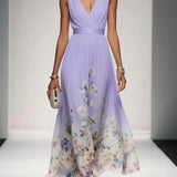Rose | Hellblaues Blumenmuster-Chiffon-V-Ausschnitt-Maxikleid