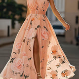 Julie | hellgrünes Blumenmuster-Chiffon-Maxikleid mit Ein-Schulter-Design