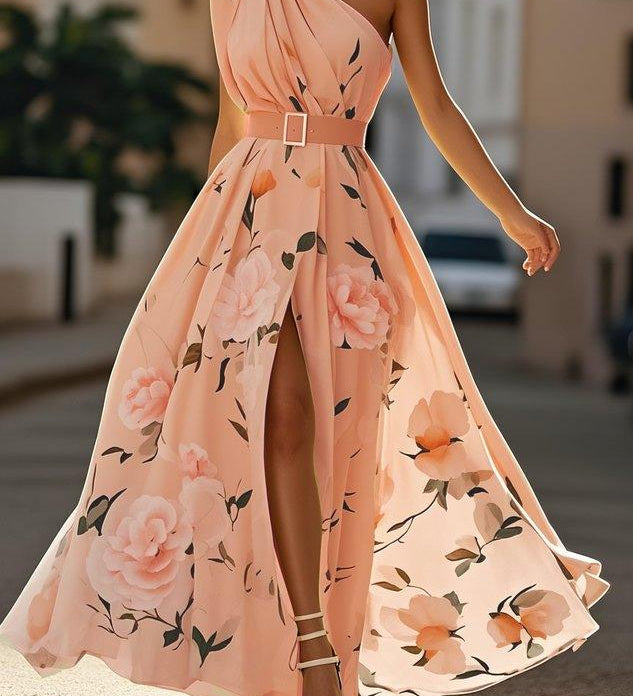 Julie | hellgrünes Blumenmuster-Chiffon-Maxikleid mit Ein-Schulter-Design