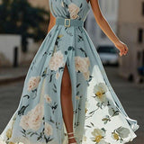 Julie | hellgrünes Blumenmuster-Chiffon-Maxikleid mit Ein-Schulter-Design