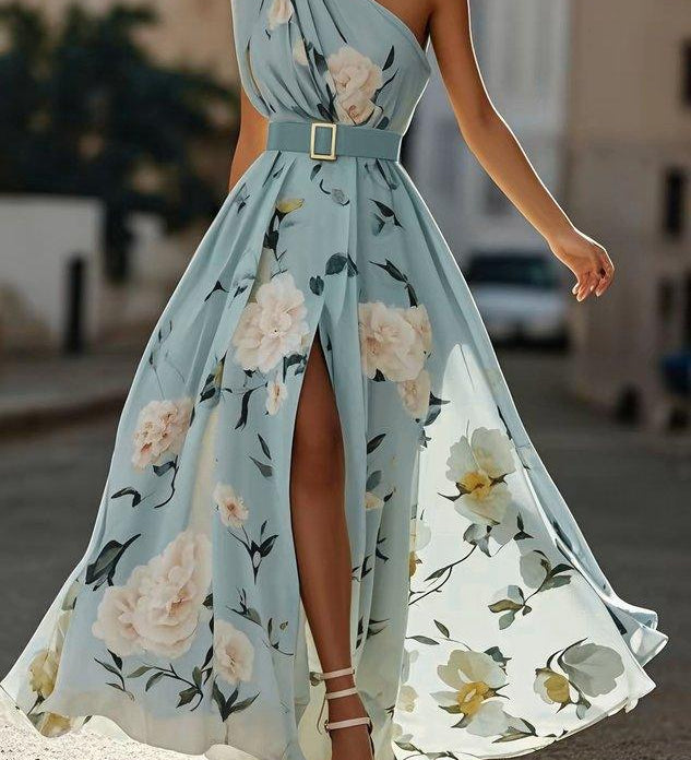 Julie | hellgrünes Blumenmuster-Chiffon-Maxikleid mit Ein-Schulter-Design