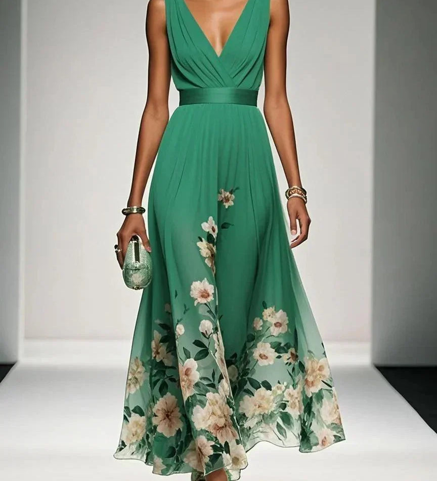 Rose | Hellblaues Blumenmuster-Chiffon-V-Ausschnitt-Maxikleid