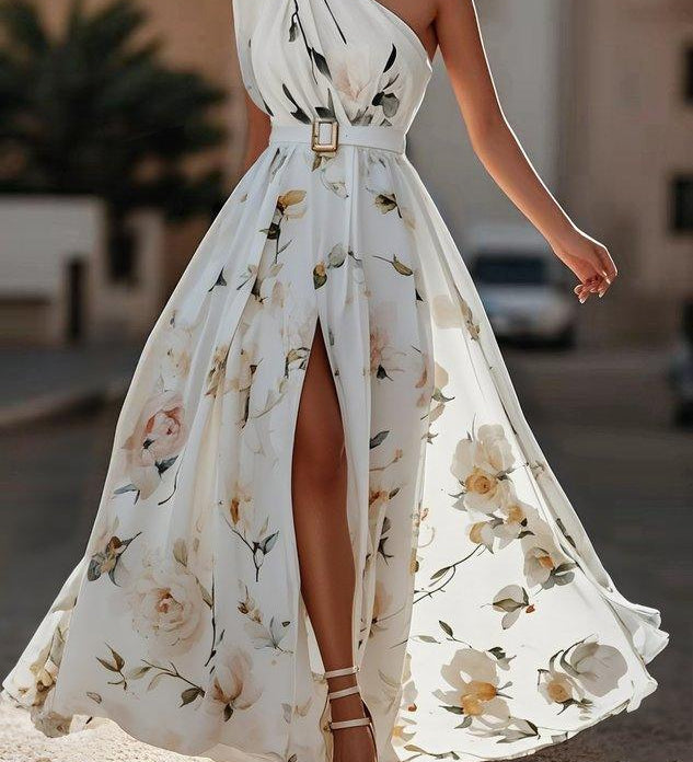 Julie | hellgrünes Blumenmuster-Chiffon-Maxikleid mit Ein-Schulter-Design