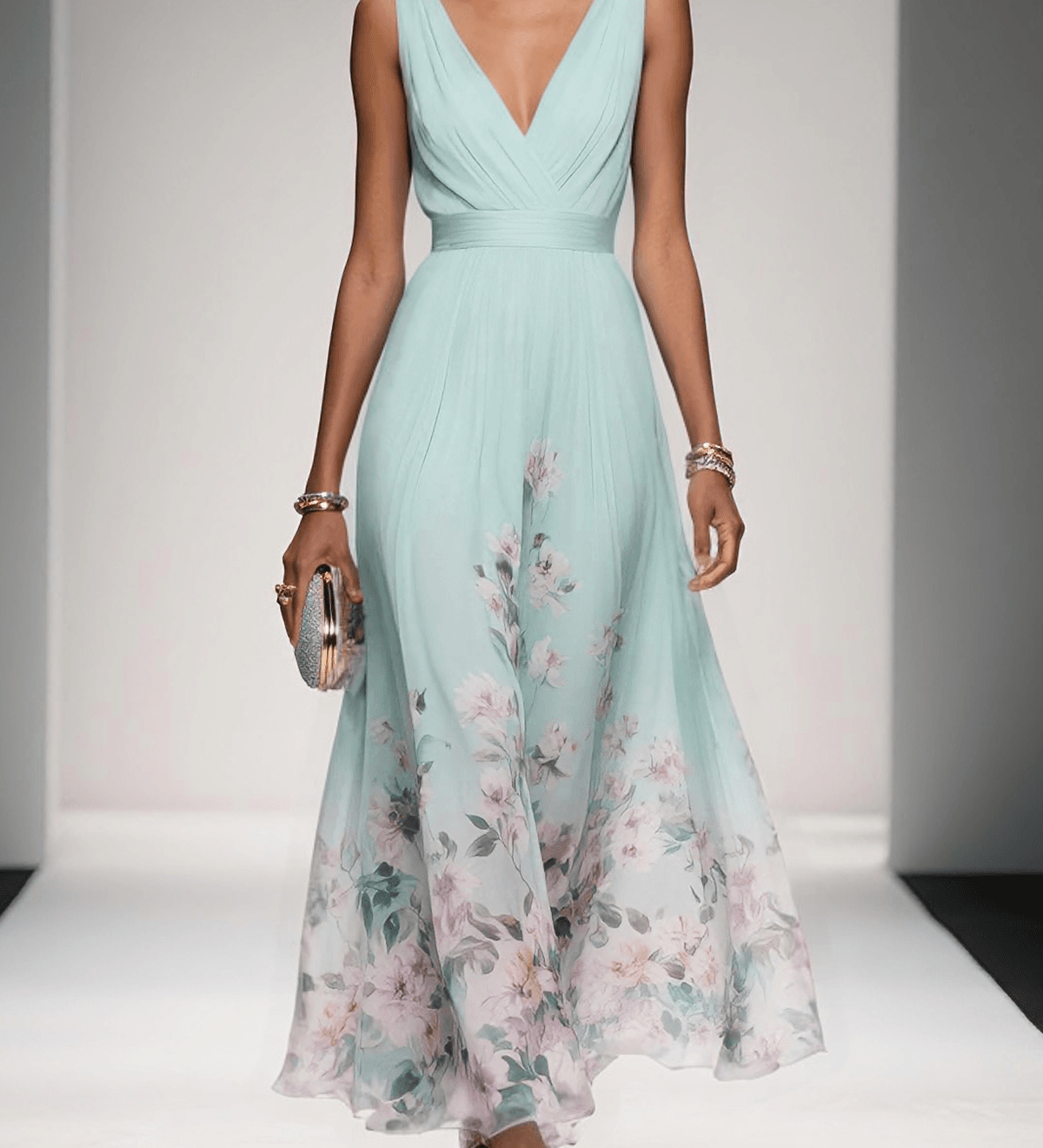 Rose | Hellblaues Blumenmuster-Chiffon-V-Ausschnitt-Maxikleid