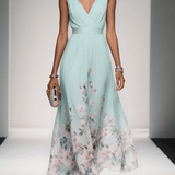 Rose | Hellblaues Blumenmuster-Chiffon-V-Ausschnitt-Maxikleid