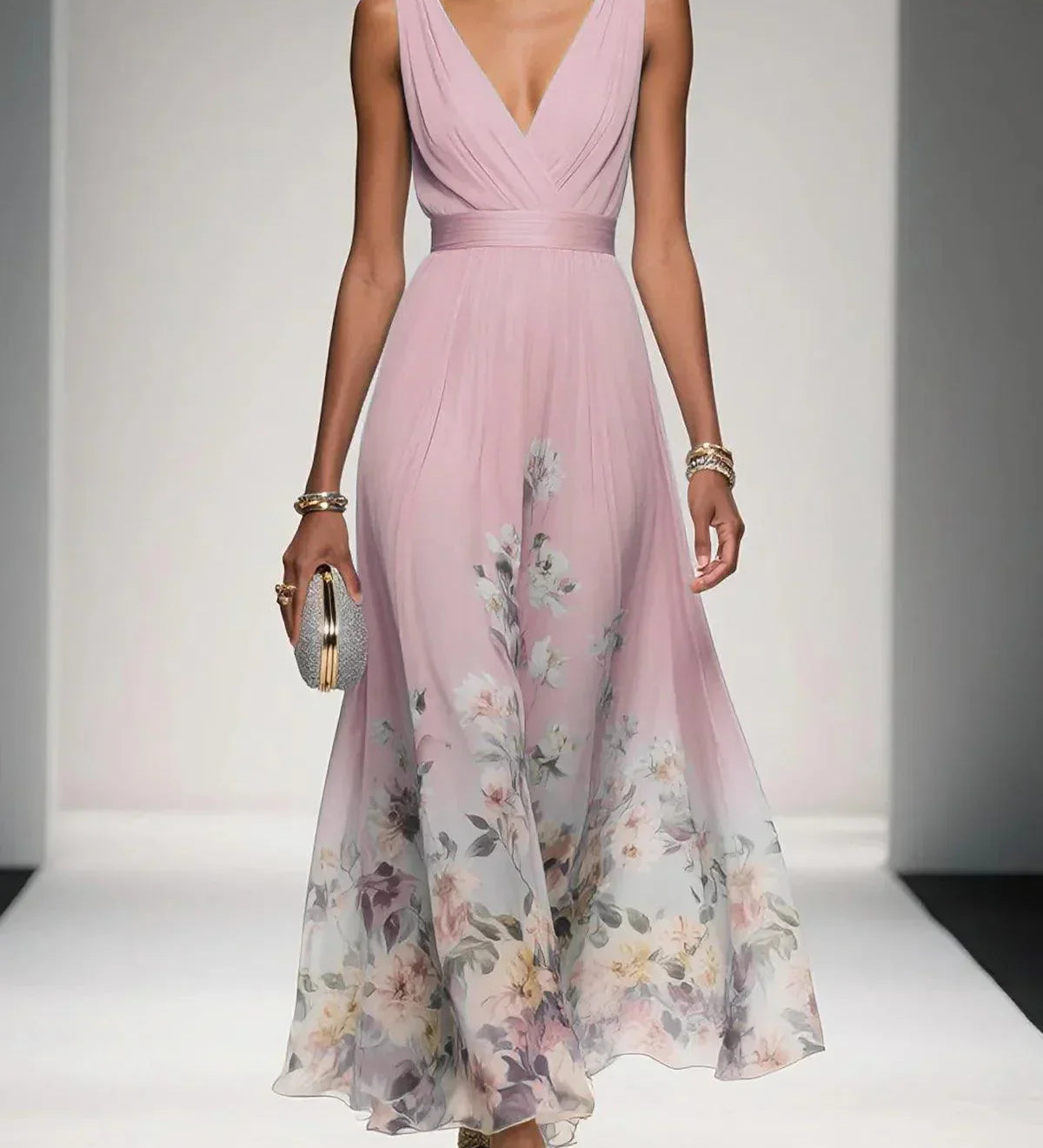 Rose | Hellblaues Blumenmuster-Chiffon-V-Ausschnitt-Maxikleid