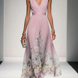 Rose | Hellblaues Blumenmuster-Chiffon-V-Ausschnitt-Maxikleid