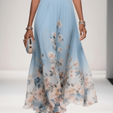 Rose | Hellblaues Blumenmuster-Chiffon-V-Ausschnitt-Maxikleid