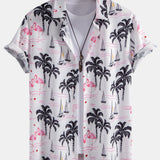 Palm Tree Flamingo Print Button Up Shirt & Swim Shorts