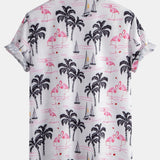 Palm Tree Flamingo Print Button Up Shirt & Swim Shorts
