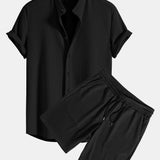 Muscle Fit Geripptes Stehkragen Hemd & Shorts