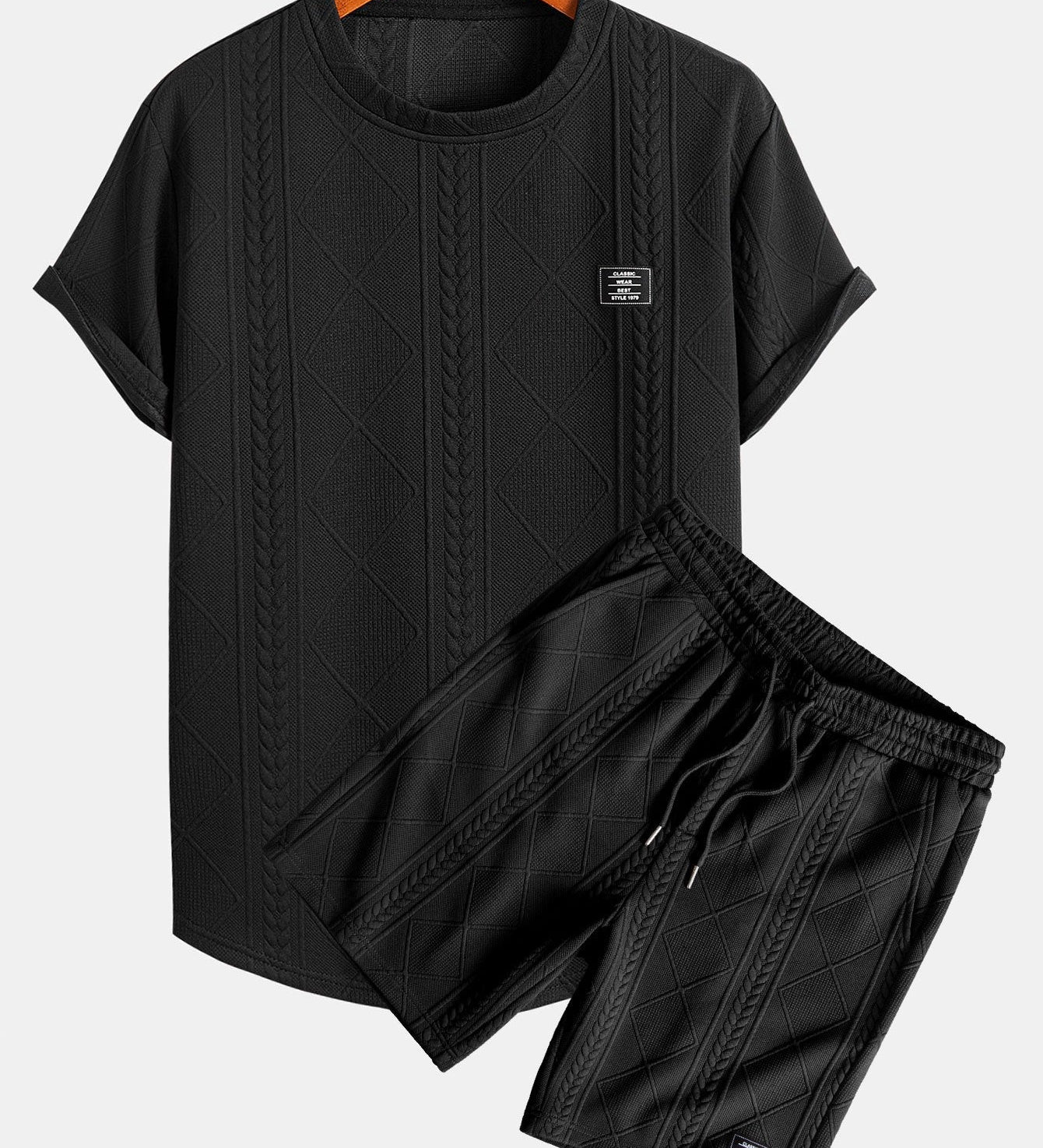 Kurzärmeliges geometrisches Jacquard-T-Shirt mit abgerundetem Saum & Shorts