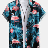 Flamingo Tropischer Print Hemden mit Knöpfen & kurze Schwimmshorts