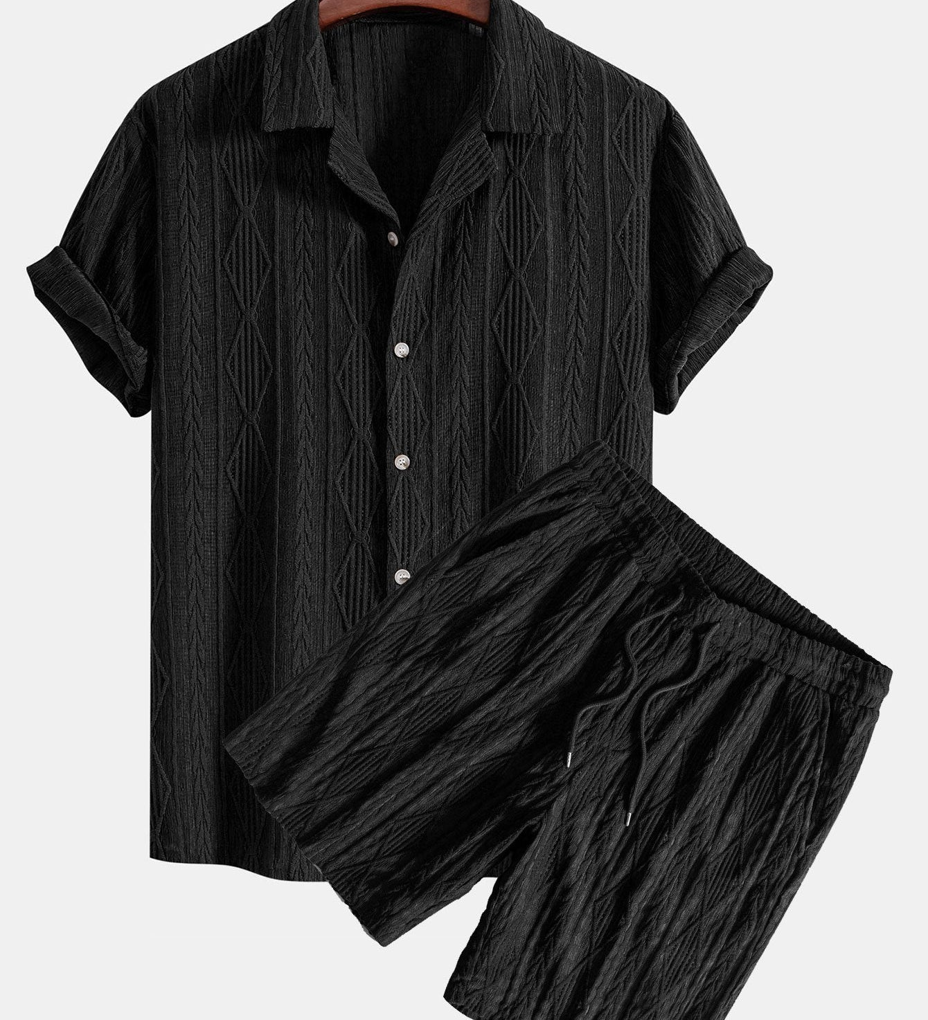 Geometrisches Jacquard-Kubanisches Hemd mit Ösen & strukturierte Shorts mit Futter