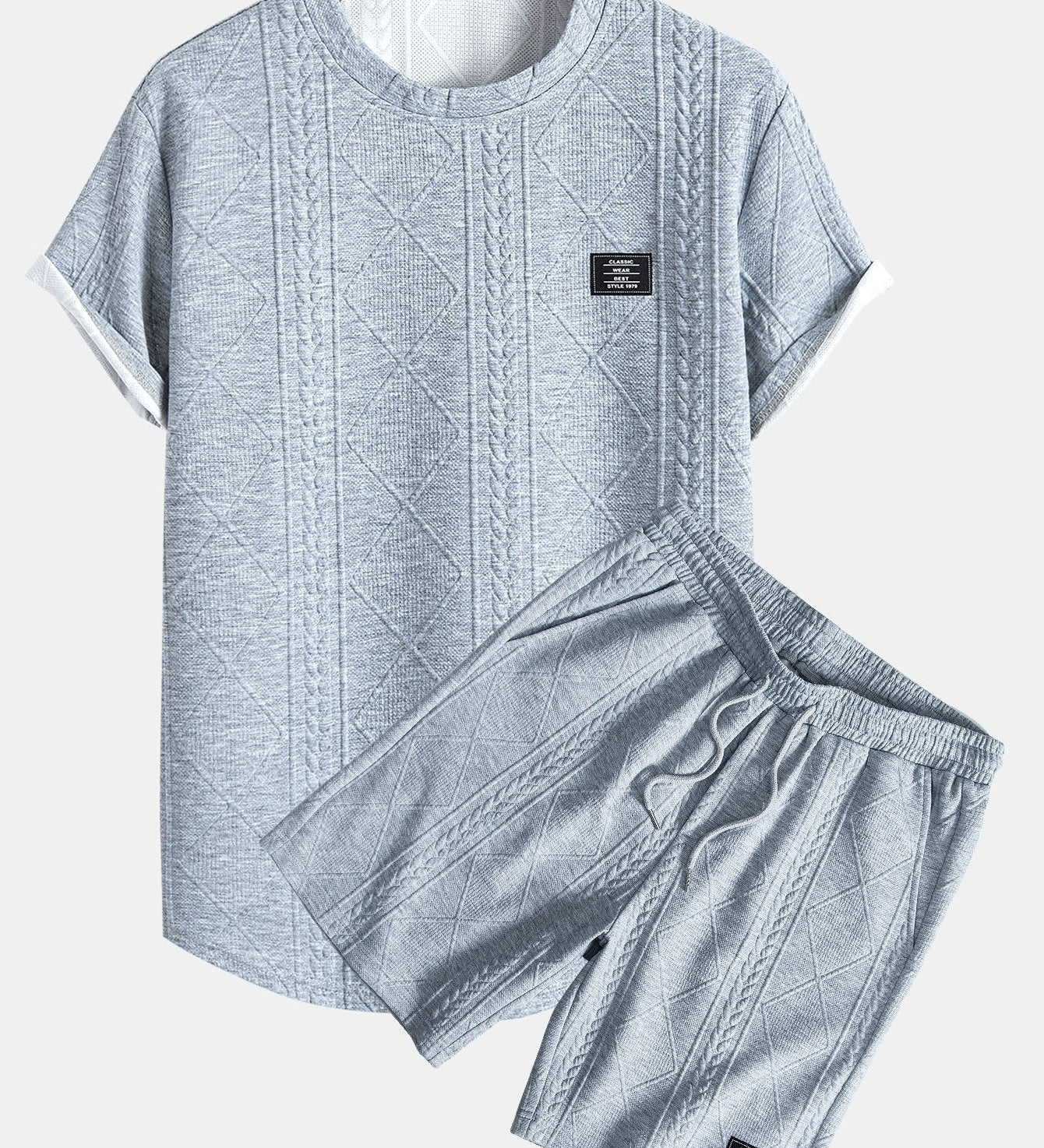 Kurzärmeliges geometrisches Jacquard-T-Shirt mit abgerundetem Saum & Shorts
